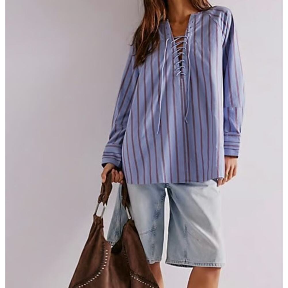 We the Free Lisbon Bue Red Long Sleeve Striped Boho Cotton Lace Up Tunic Large